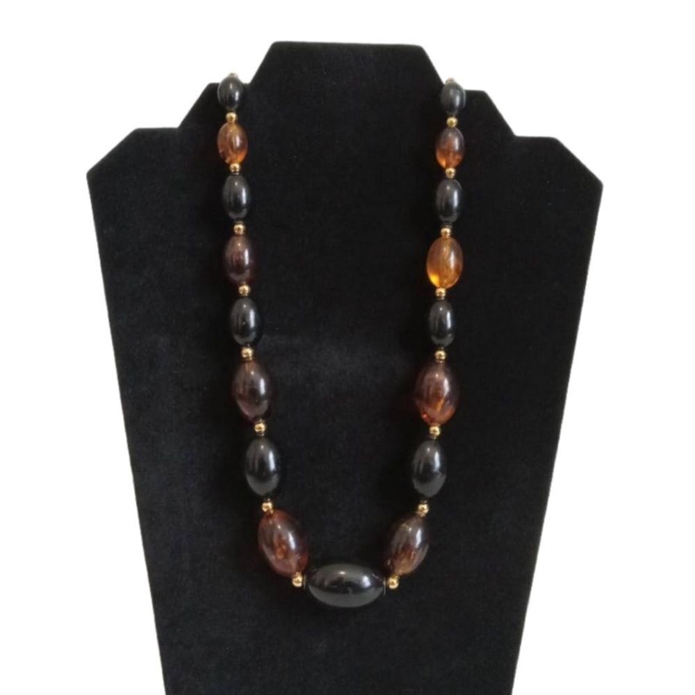 Vintage Black & Brown Transparent Ovoid Beaded Single Strand Layering Necklace